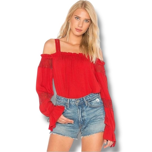 Band of Gypsies Red Ruffled Lightwight Off-Shoulder Long Sleeve Tassel Blouse - Picture 2 of 16
